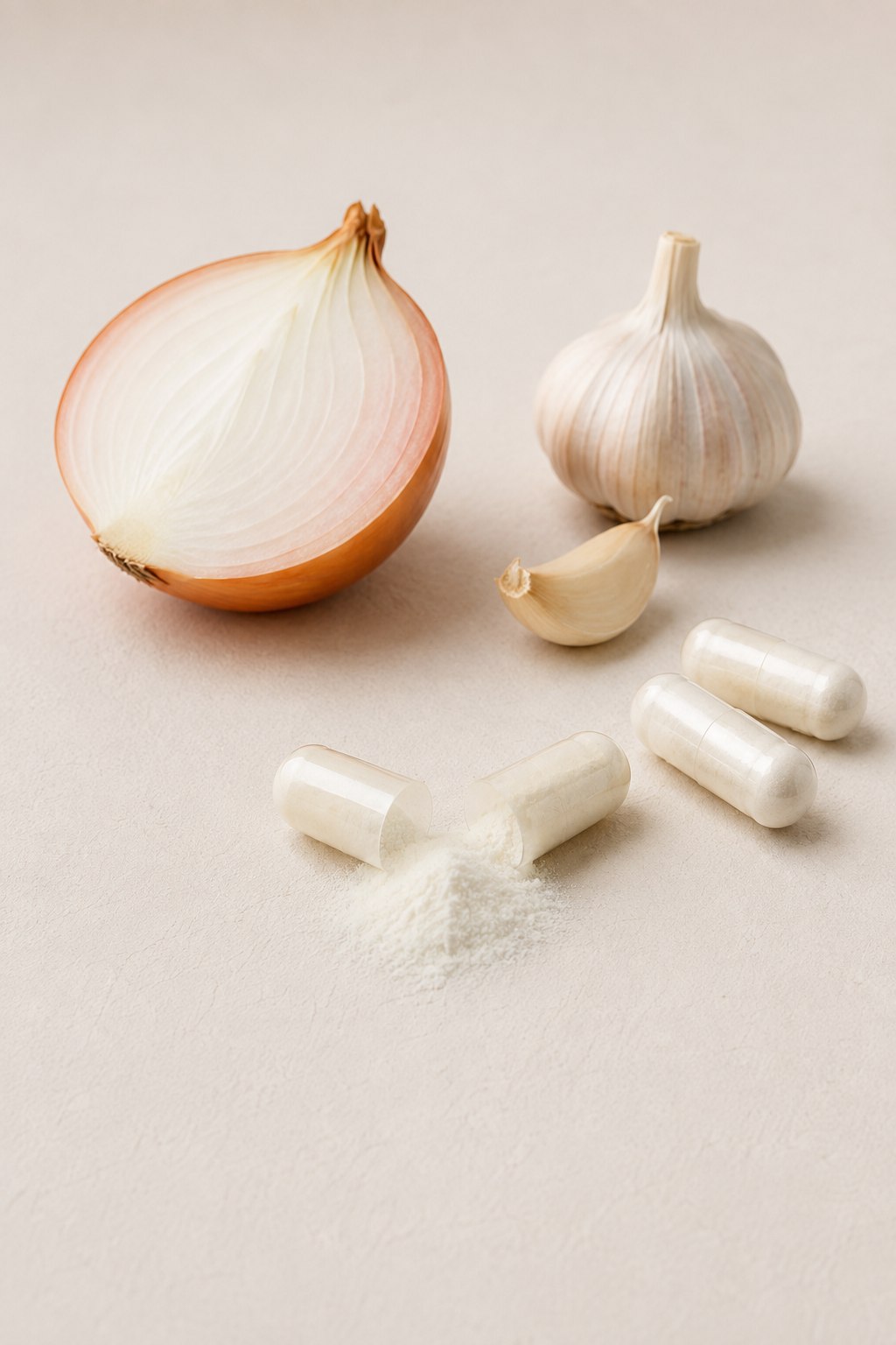Ge&ouml;ffnete Kapsel mit sehr feinem wei&szlig;em Pulver, Zwiebel und Knoblauch